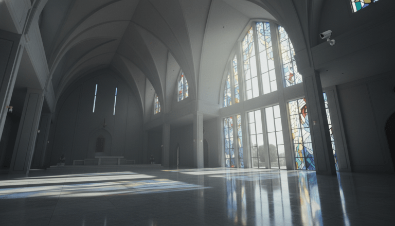 Interior de un templo moderno con iluminación natural y sistemas de seguridad integrados de forma discreta para la protección de espacios de culto.