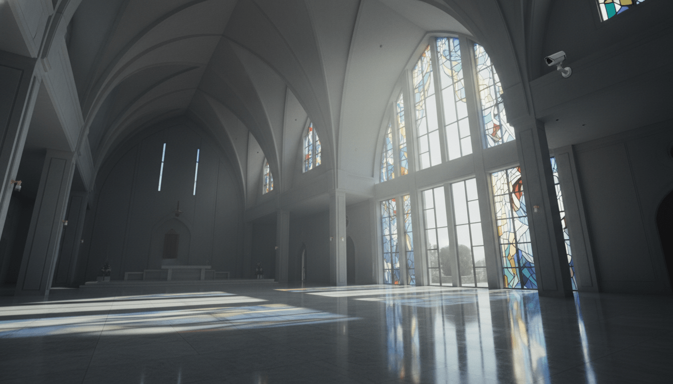 Interior de un templo moderno con iluminación natural y sistemas de seguridad integrados de forma discreta para la protección de espacios de culto.