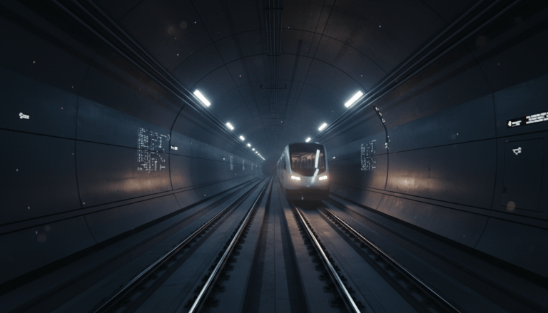 Túnel de metro moderno y elegante, ilustrando la compleja infraestructura y la importancia de la seguridad urbana en el transporte público, con tecnología avanzada y vigilancia discreta.