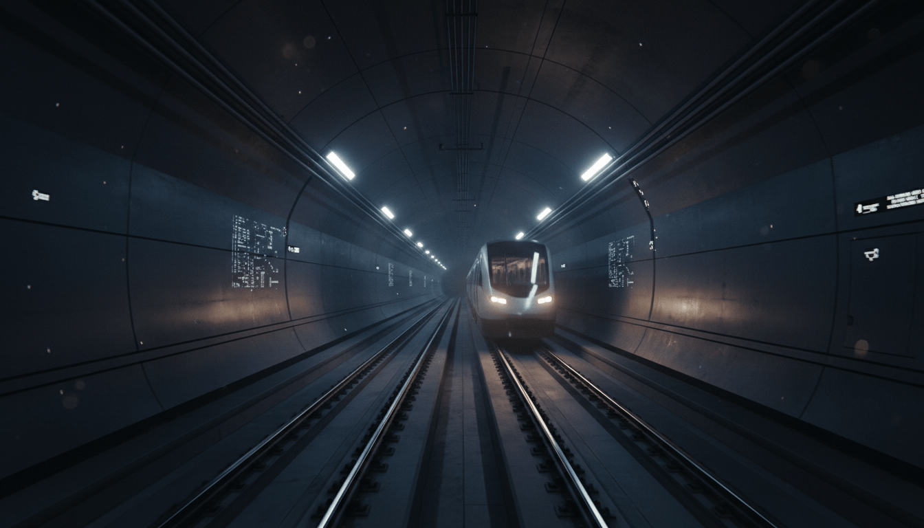 Túnel de metro moderno y elegante, ilustrando la compleja infraestructura y la importancia de la seguridad urbana en el transporte público, con tecnología avanzada y vigilancia discreta.
