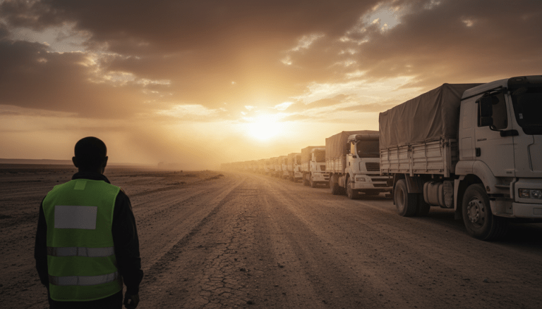 Convoy de ayuda humanitaria detenido en un camino de tierra durante una crisis en zona de conflicto