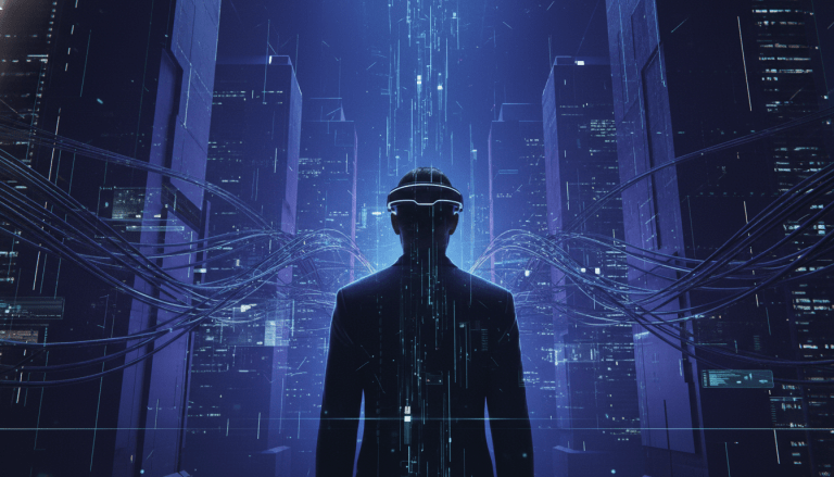 Usuario inmerso en un entorno digital de metaverso con representacion visual de redes de seguridad cibernetica