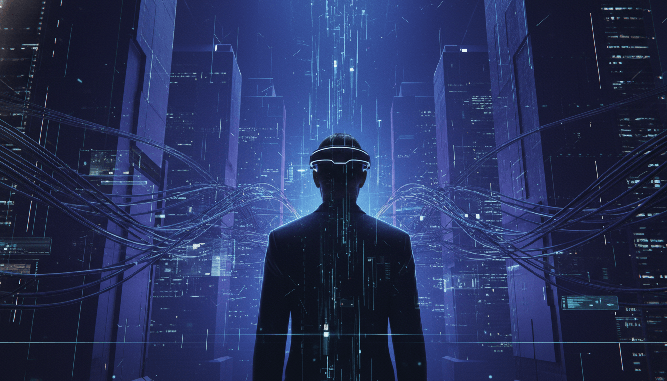 Usuario inmerso en un entorno digital de metaverso con representacion visual de redes de seguridad cibernetica