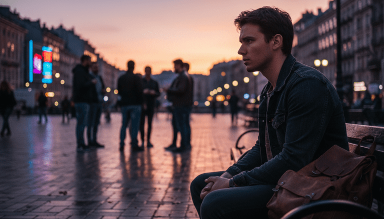 Joven pensativo observando el entorno urbano como representación de la teoría del aprendizaje social y el comportamiento delictivo.