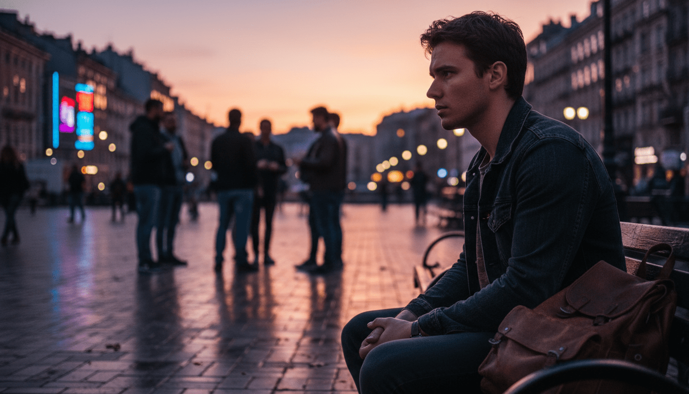 Joven pensativo observando el entorno urbano como representación de la teoría del aprendizaje social y el comportamiento delictivo.
