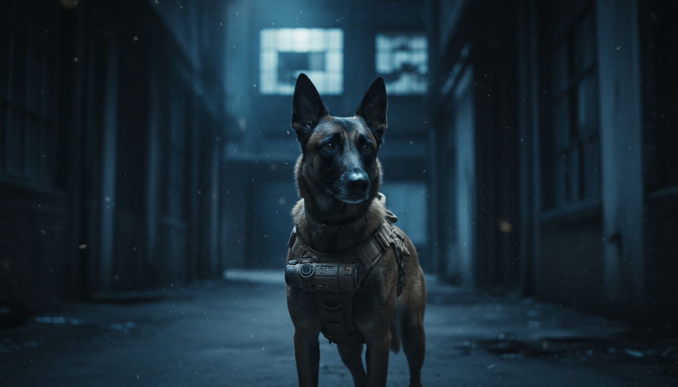 Perro táctico K9 equipado con arnés de combate en una operación de asalto en entorno urbano oscuro.