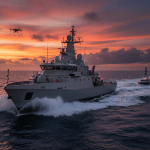 Buque de patrulla naval moderno en mar abierto, simbolizando la seguridad marítima y la vigilancia de las rutas de comercio global.