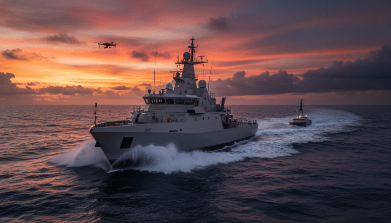 Buque de patrulla naval moderno en mar abierto, simbolizando la seguridad marítima y la vigilancia de las rutas de comercio global.