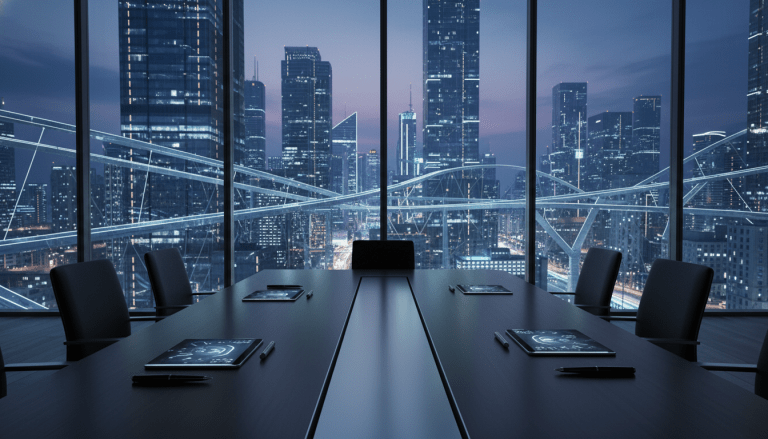 Mesa de juntas de alta gerencia con vista a ciudad inteligente nocturna simbolizando estrategia y asesoria empresarial.