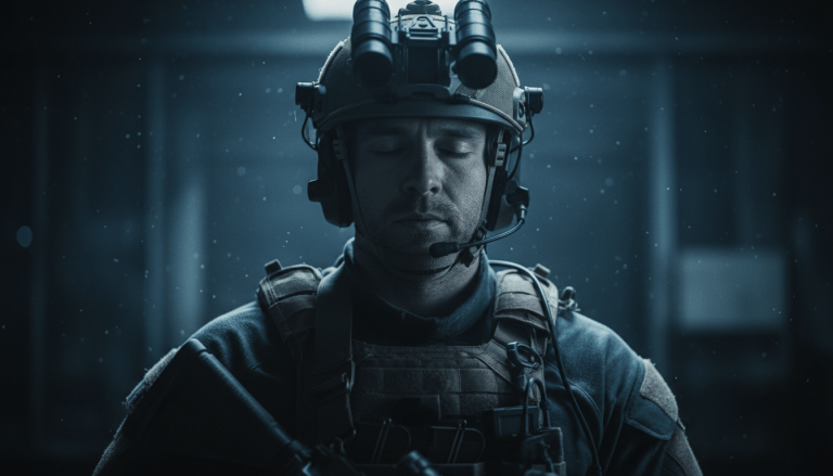 Operador táctico realizando visualización mental para operaciones de seguridad operativa en un entorno oscuro.