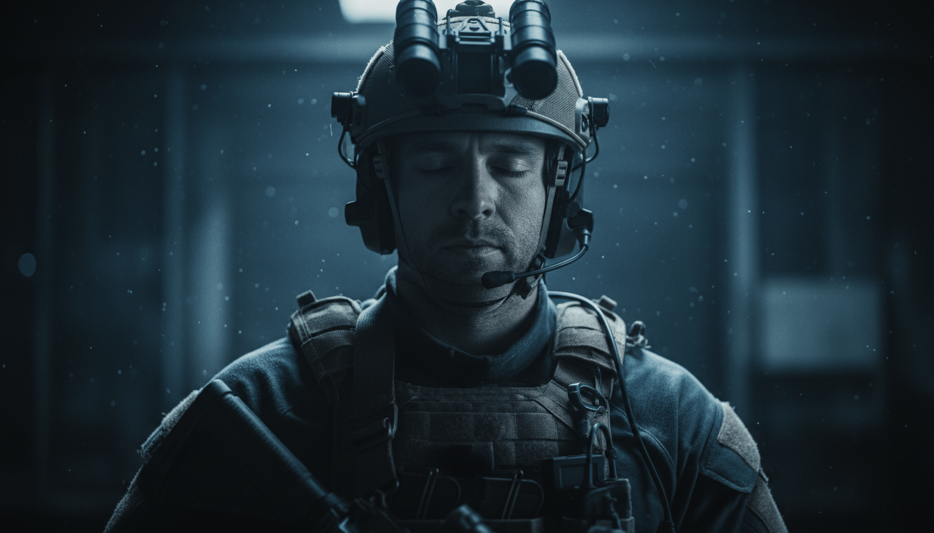 Operador táctico realizando visualización mental para operaciones de seguridad operativa en un entorno oscuro.