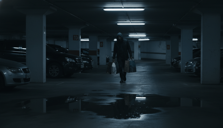 Persona caminando sola en un estacionamiento subterráneo oscuro y laberíntico para ilustrar riesgos de seguridad