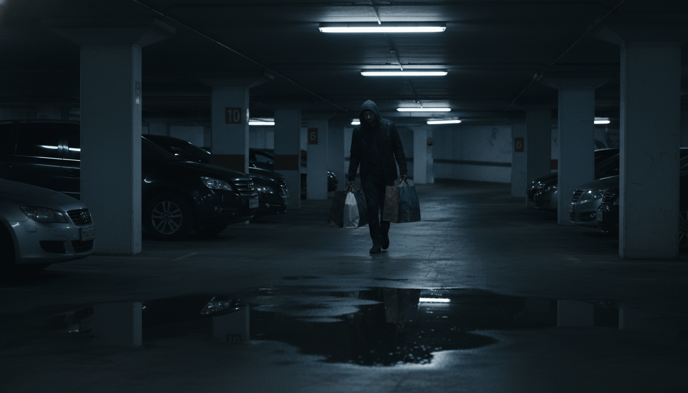 Persona caminando sola en un estacionamiento subterráneo oscuro y laberíntico para ilustrar riesgos de seguridad