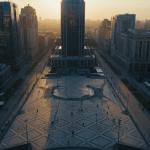 Vista aérea de una plaza urbana concurrida al atardecer, enfatizando la vulnerabilidad y la importancia de la seguridad en entornos urbanos frente a amenazas desde posiciones elevadas. Arquitectura moderna, planificación estratégica, seguridad urbana.