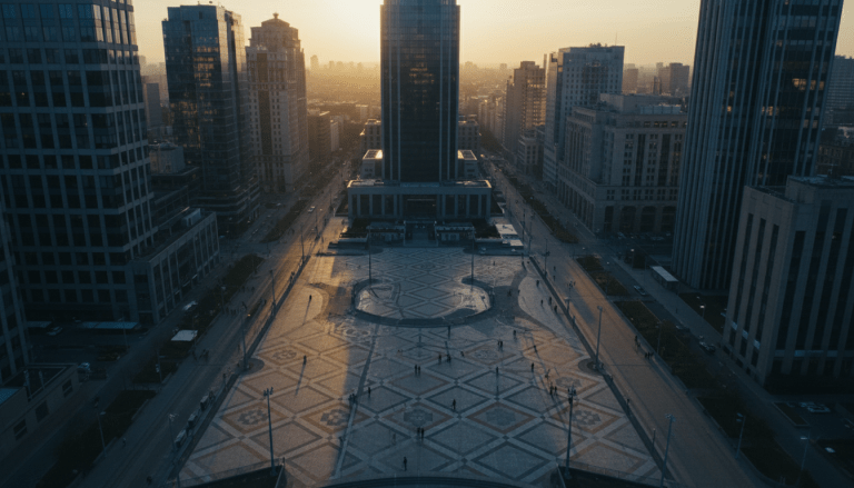 Vista aérea de una plaza urbana concurrida al atardecer, enfatizando la vulnerabilidad y la importancia de la seguridad en entornos urbanos frente a amenazas desde posiciones elevadas. Arquitectura moderna, planificación estratégica, seguridad urbana.