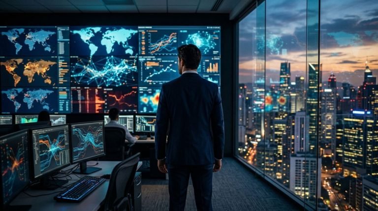 Centro de control tecnologico de administracion de seguridad con pantallas de monitoreo abstracto y vista a la ciudad en el atardecer.