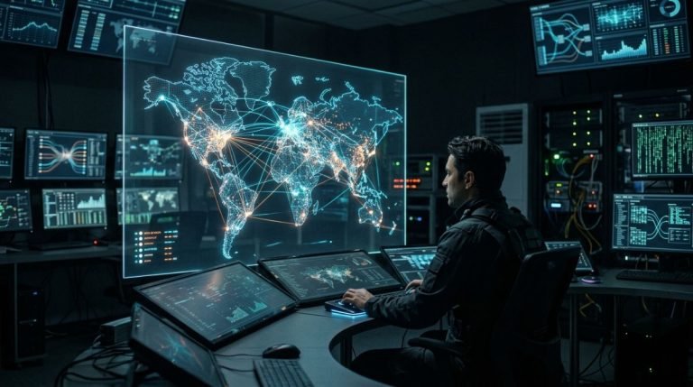 Analista de ciberinteligencia investigando conexiones de red complejas en una sala de control digital.