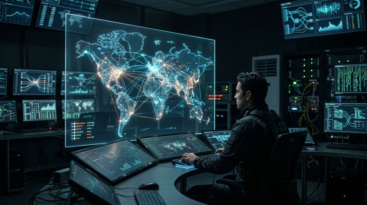 Analista de ciberinteligencia investigando conexiones de red complejas en una sala de control digital.