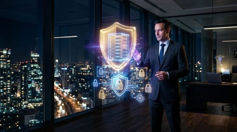 Administrador de empresas observando un holograma de escudo protector digital azul y dorado sobre un servidor de datos, simbolizando la ciberseguridad accesible y proteccion de activos.