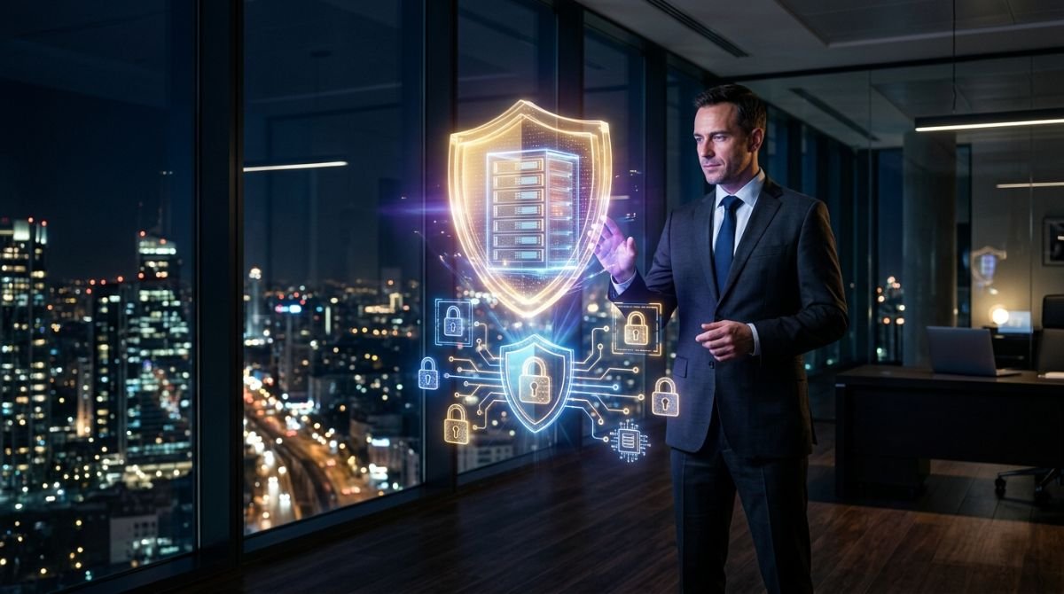Administrador de empresas observando un holograma de escudo protector digital azul y dorado sobre un servidor de datos, simbolizando la ciberseguridad accesible y proteccion de activos.