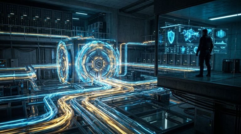 Representación visual de la ciberseguridad con datos digitales brillantes que fluyen como oro líquido en un centro de datos futurista de alta seguridad.