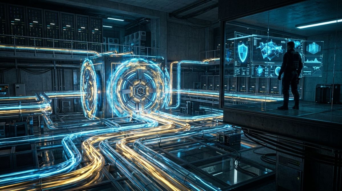 Representación visual de la ciberseguridad con datos digitales brillantes que fluyen como oro líquido en un centro de datos futurista de alta seguridad.