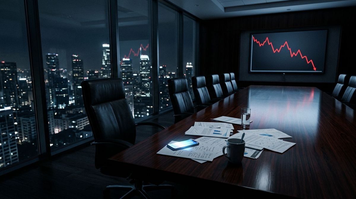 Sala de juntas ejecutiva vacía a medianoche con un teléfono inteligente iluminado sobre la mesa representando una crisis corporativa imprevista.