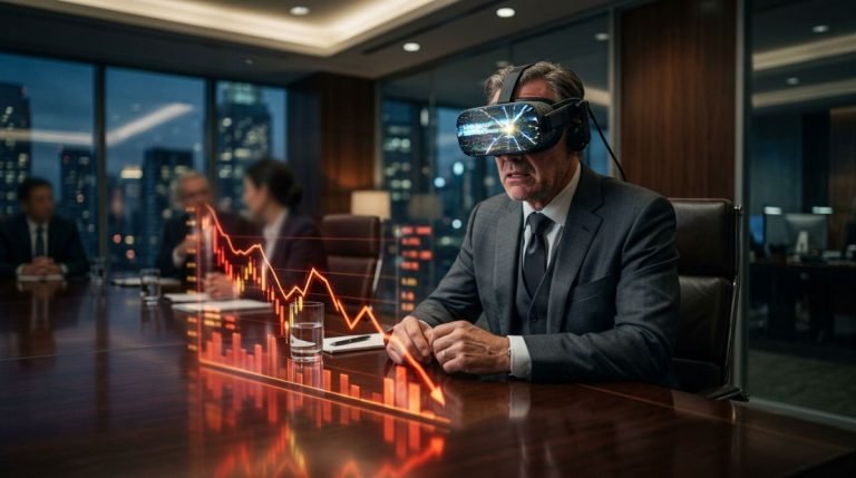 Director ejecutivo en una sala de juntas experimentando la ceguera digital ante una crisis tecnológica empresarial