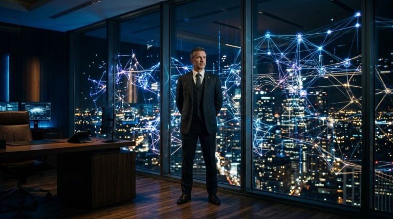 Director de seguridad corporativa en una oficina moderna frente a redes de datos abstractas brillantes que simbolizan la resiliencia empresarial.