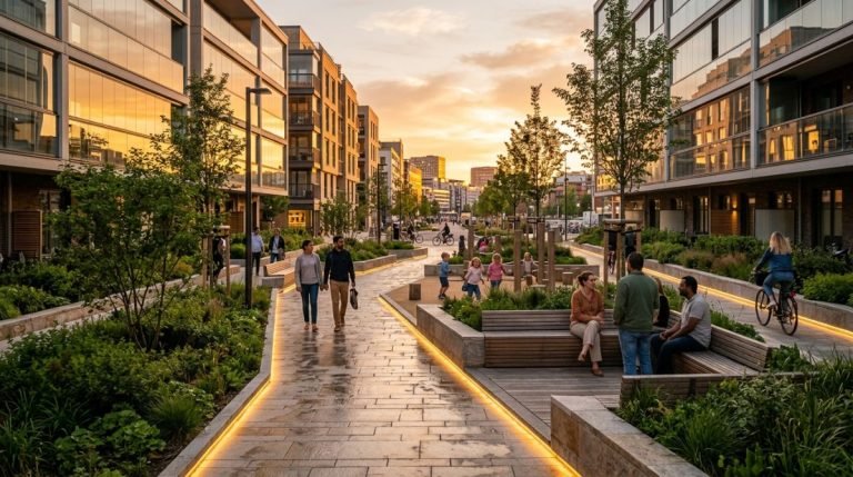 Plaza urbana moderna de diseno abierto y seguro con iluminacion natural y areas verdes al atardecer