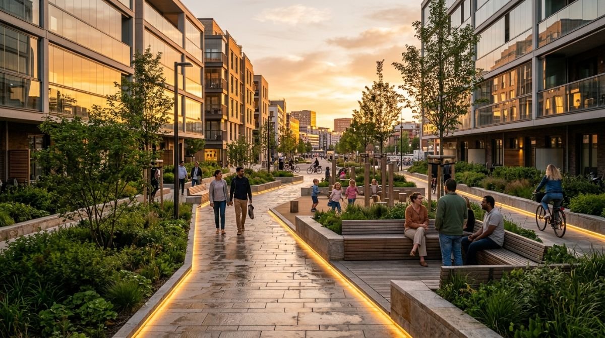 Plaza urbana moderna de diseno abierto y seguro con iluminacion natural y areas verdes al atardecer