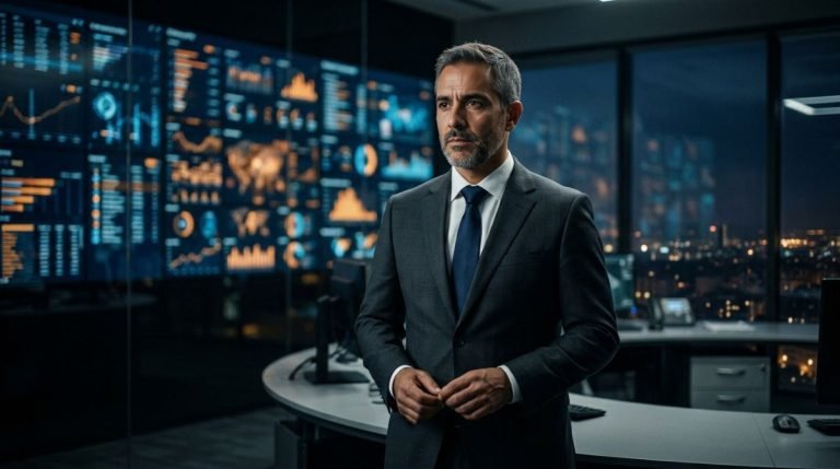 Retrato de un director de seguridad integral analizando riesgos en una moderna sala de control digital.