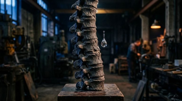 Metáfora visual del microtrauma acumulativo y la mala ergonomía representada por una gota de agua erosionando una columna vertebral de piedra