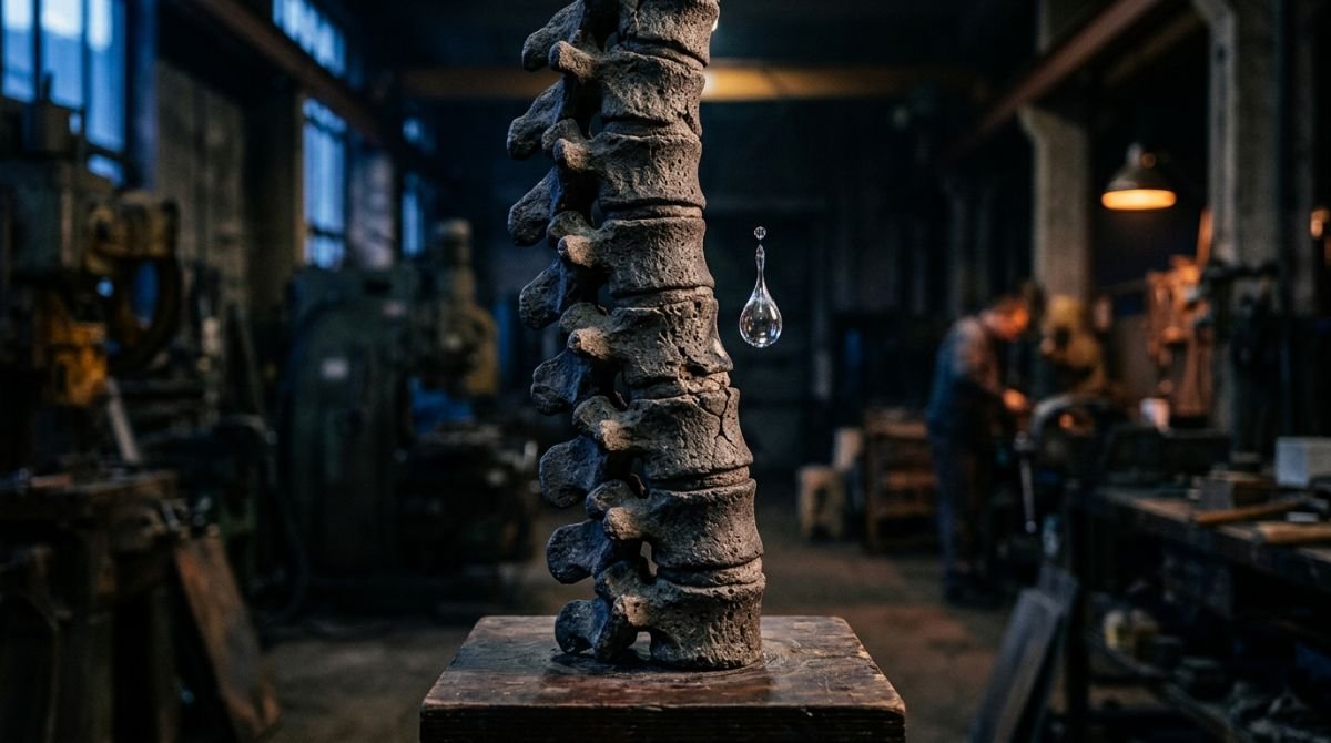 Metáfora visual del microtrauma acumulativo y la mala ergonomía representada por una gota de agua erosionando una columna vertebral de piedra