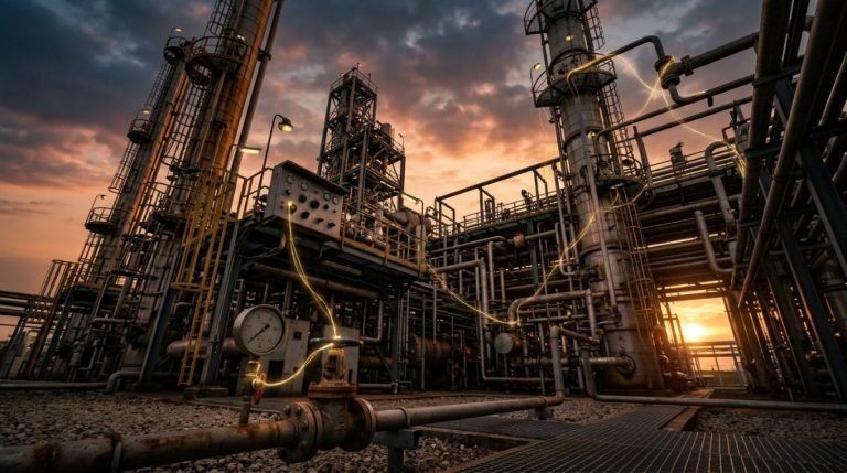 Vista cinematográfica de una planta industrial compleja con líneas de luz dorada que representan la conexión invisible de riesgos y vulnerabilidades.