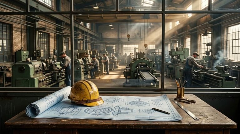Escritorio de oficina de fabrica de la decada de 1950 con planos tecnicos de seguridad industrial y maquinaria al fondo en estilo cinematico.
