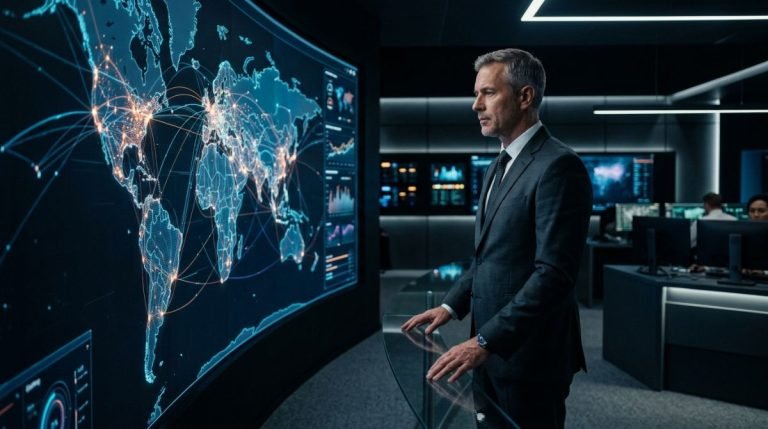 Director de seguridad corporativa actuando como estratega de negocio en una oficina tecnologica moderna