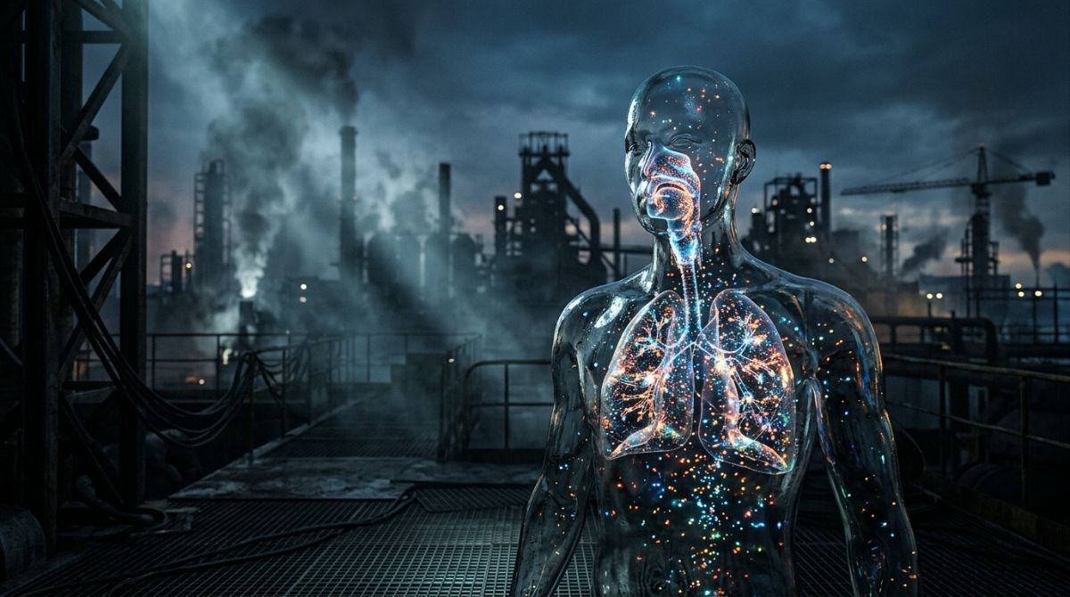 Representacion visual conceptual del peligro invisible en la salud laboral, mostrando particulas microscopicas flotando en el aire de un entorno industrial y su relacion con el cuerpo humano.