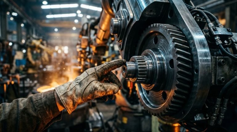 Mano de un trabajador aproximándose a una maquinaria industrial compleja, representando la relación entre el ser humano y la máquina en la prevención de riesgos laborales.