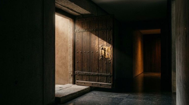 Imponente puerta cerrada de madera y metal con iluminación dramática que simboliza el umbral de la seguridad y la protección.