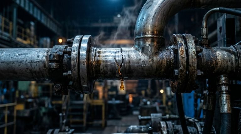 Primer plano de una máquina industrial limpia con una microfisura y una pequeña fuga de aceite, representando la entropía y la normalización de la desviación.