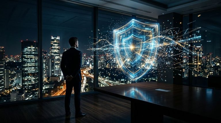 Un directivo frente a un escudo de seguridad holográfico que filtra un flujo caótico de datos digitales en una oficina moderna.