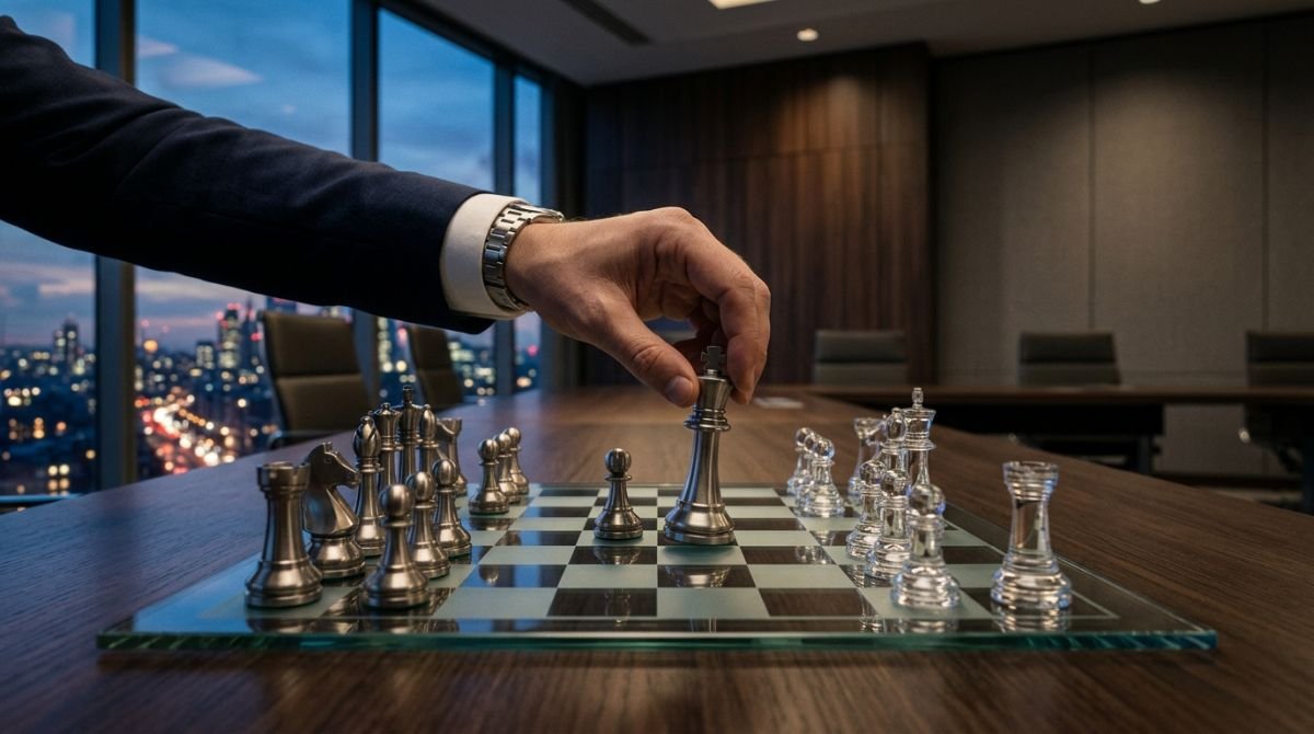 Tablero de ajedrez moderno en una oficina corporativa que simboliza las estrategias de seguridad empresarial y la toma de decisiones tácticas.