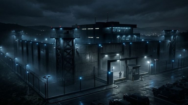 Instalación de alta seguridad moderna construida con hormigón reforzado, vigas de acero y sistemas de vigilancia electrónica avanzados bajo una iluminación nocturna cinematográfica.