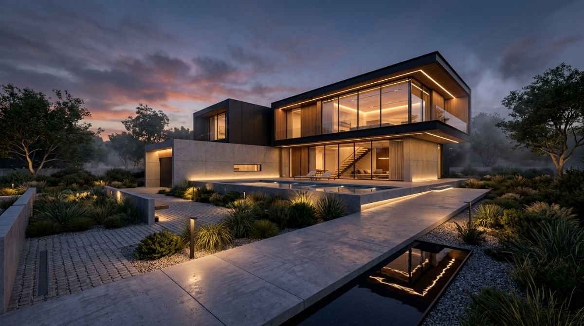 Diseño de arquitectura preventiva con senderos iluminados y líneas geométricas para la seguridad de la vivienda.