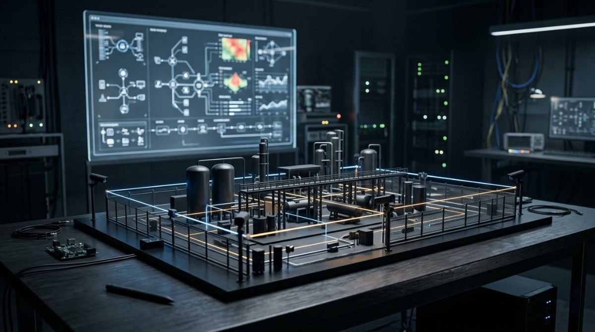 Maqueta tecnologica interactiva y diagramas de tiempo holograficos que representan la ingenieria cientifica de los sistemas de proteccion fisica.