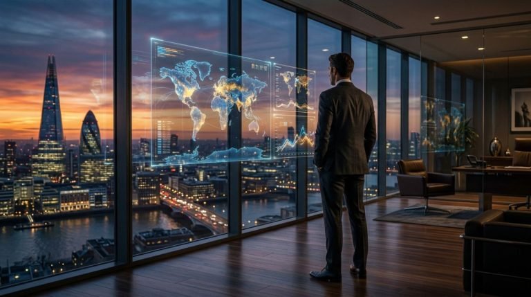 Profesional de seguridad corporativa analizando flujos de datos y estrategias de mercado en una oficina tecnológica moderna