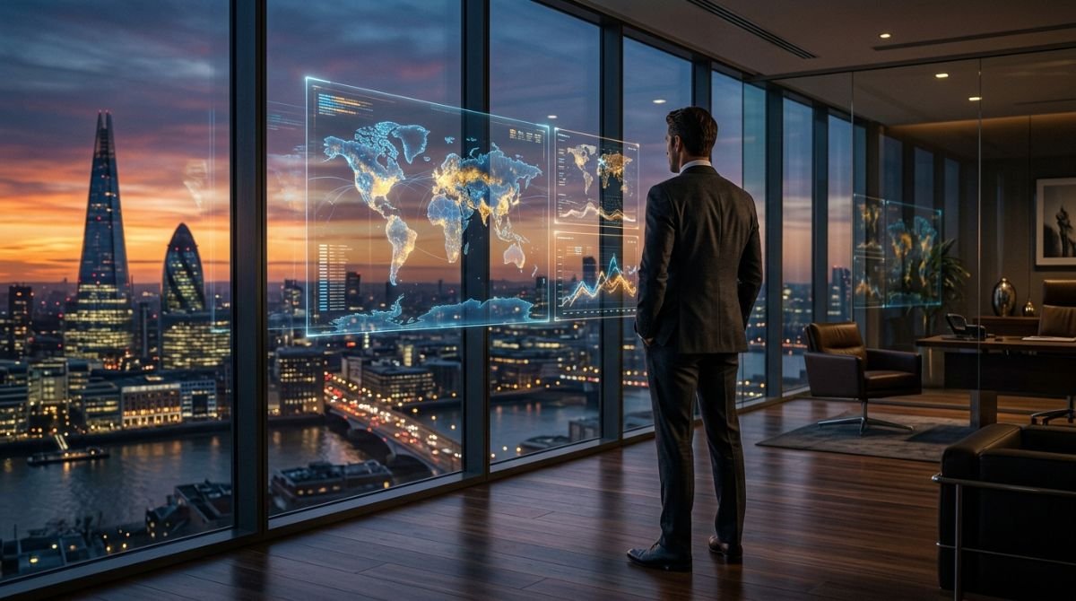 Profesional de seguridad corporativa analizando flujos de datos y estrategias de mercado en una oficina tecnológica moderna