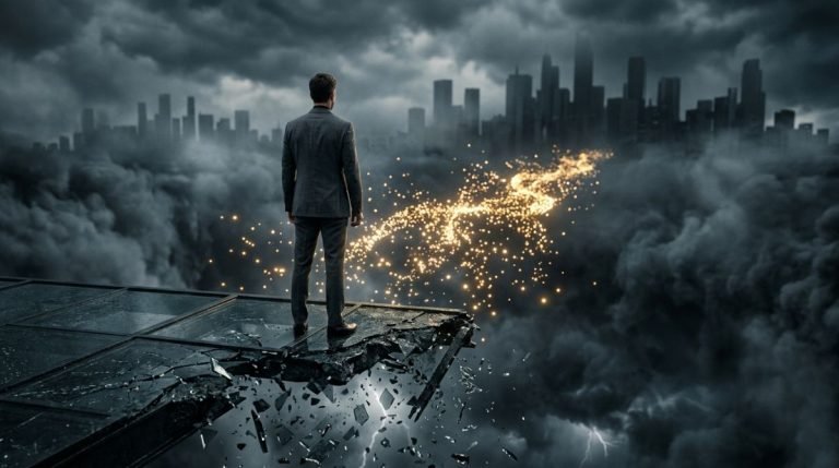 Representación conceptual de la resiliencia corporativa con un puente de cristal rompiéndose sobre un abismo de crisis empresarial