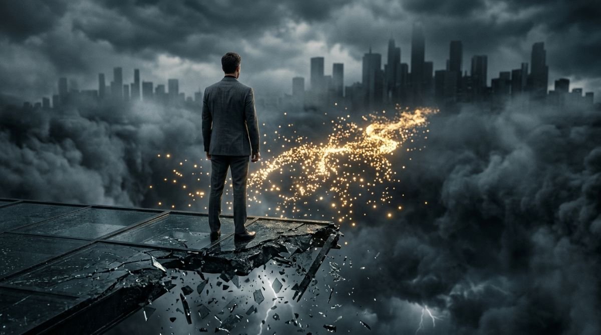 Representación conceptual de la resiliencia corporativa con un puente de cristal rompiéndose sobre un abismo de crisis empresarial